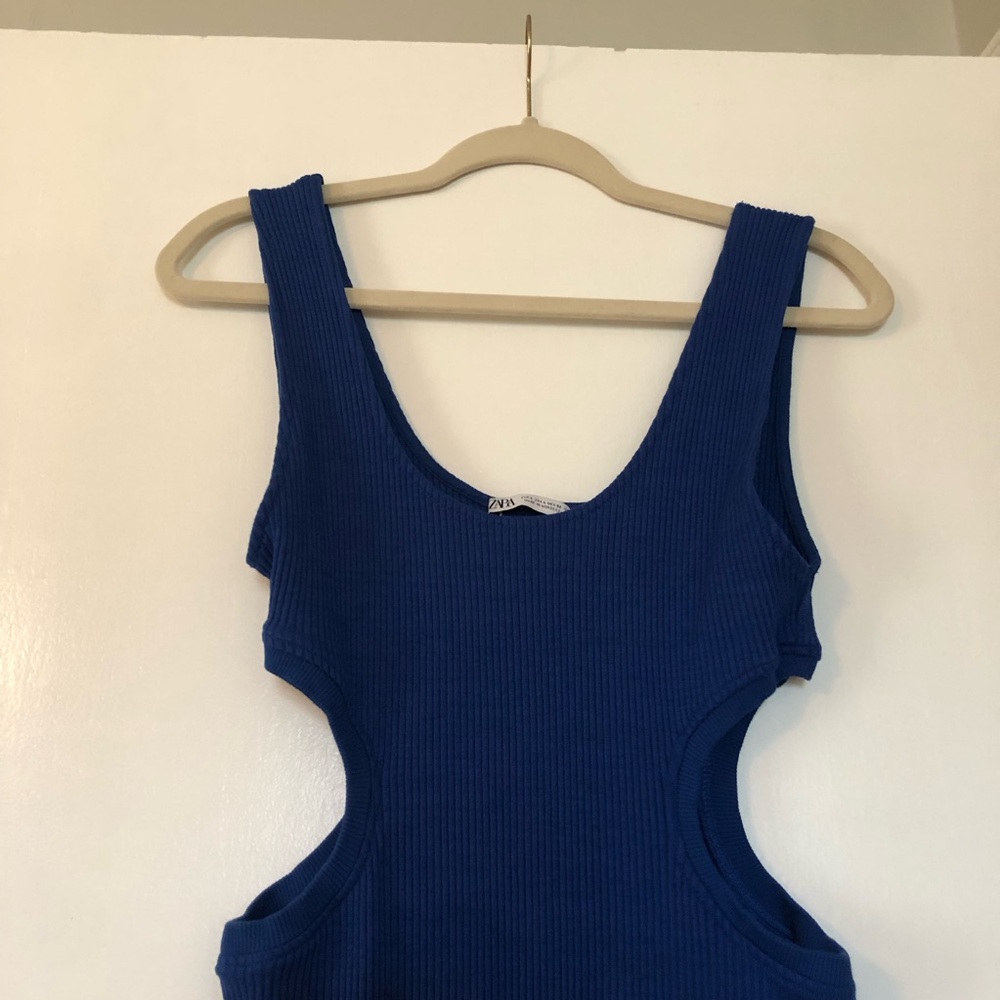 Zara Blue Ribbed Cut-Out Bodycon Mini Dress - Picture 4 of 9